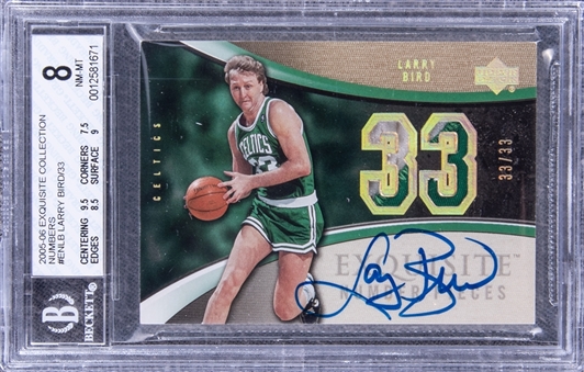2005-06 UD "Exquisite Collection" Exquisite Number Pieces #ENLB Larry Bird Signed Game Used Patch Card (#33/33) - BGS NM-MT 8/BGS 10